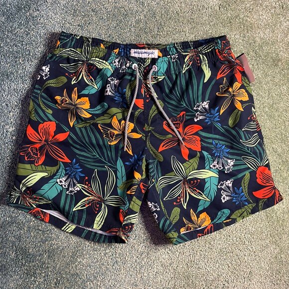 Tropical Print Swim Trunks - Picture 1 of 4